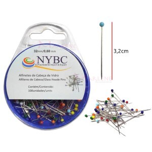 Alfinete cabeça de vidro NYBC com 100 unidades