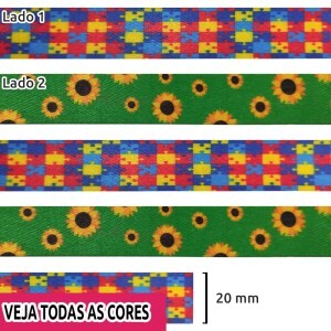 Alça dupla face 20mm estampada símbolo autísmo e defieciênais ocultas MWGE4000 por metro