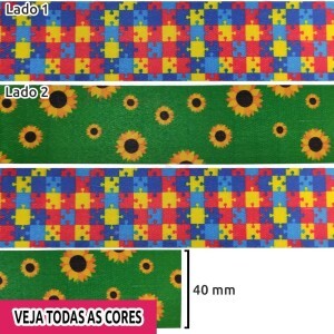 Alça dupla face 40mm estampada símbolo autísmo e defieciênais ocultas MWGE5000 por metro